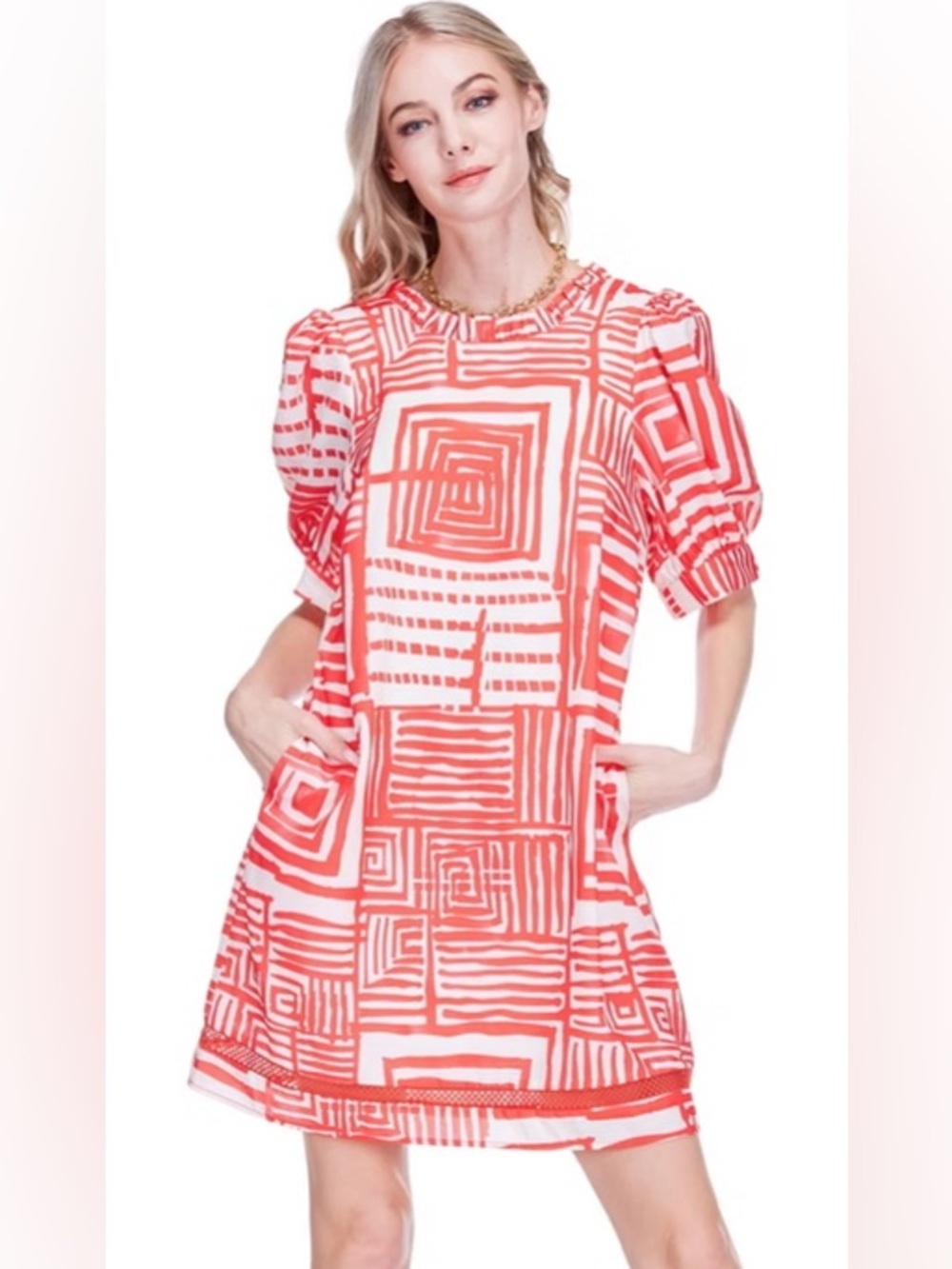 Joy Joy Red and White Geometric Puff-Sleeve Shift Dress